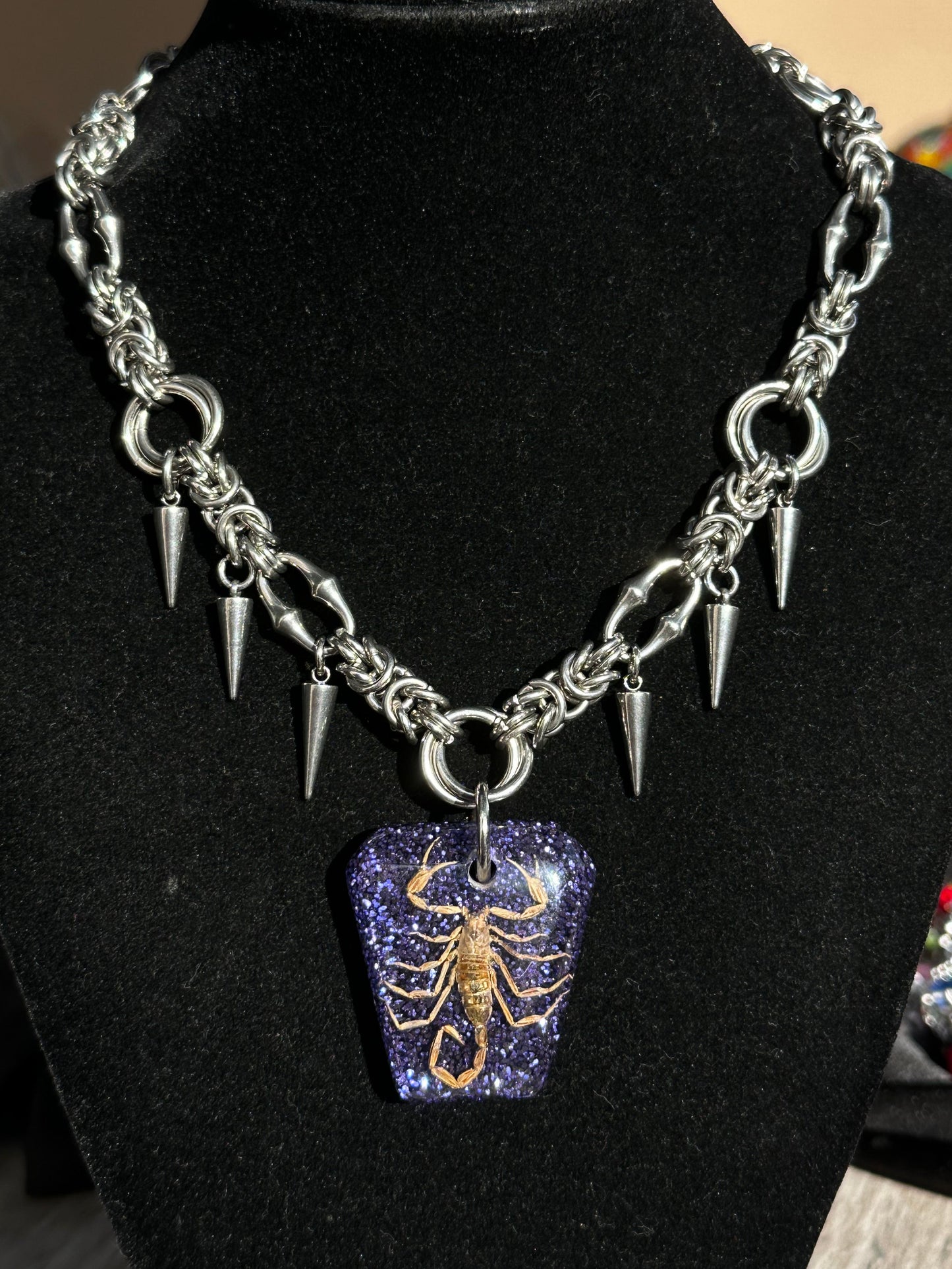 Purple Resin Scorpion w/ Spikes Stainless Steel Chainmaille Necklace