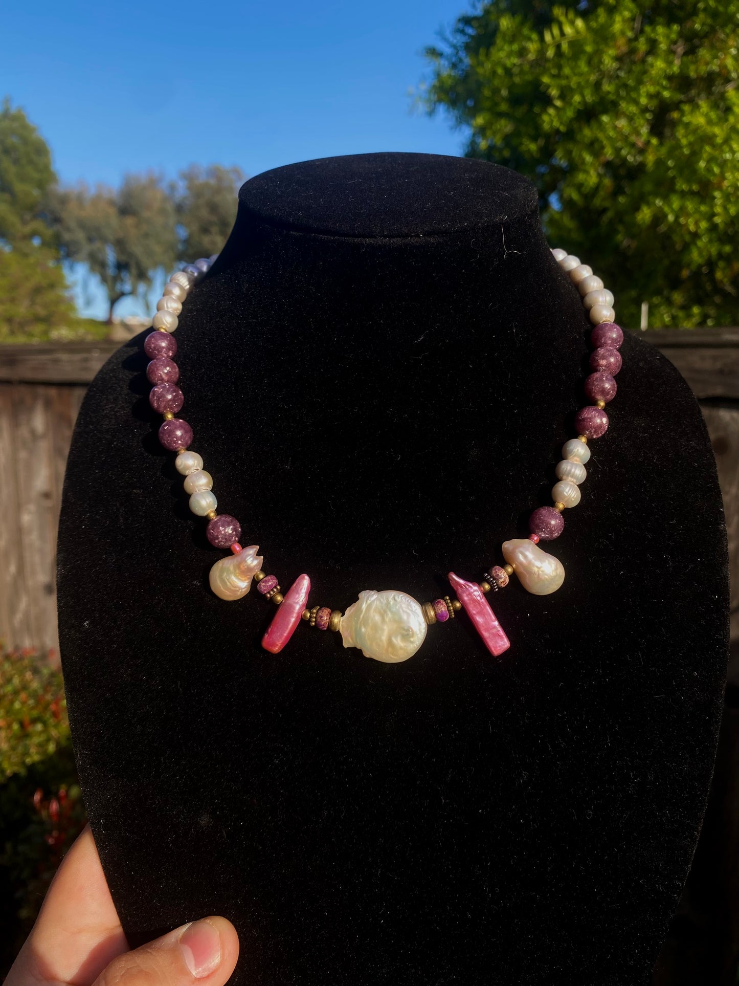 Freshwater Pearl with Maroon Lepidolite & Imperial Jasper