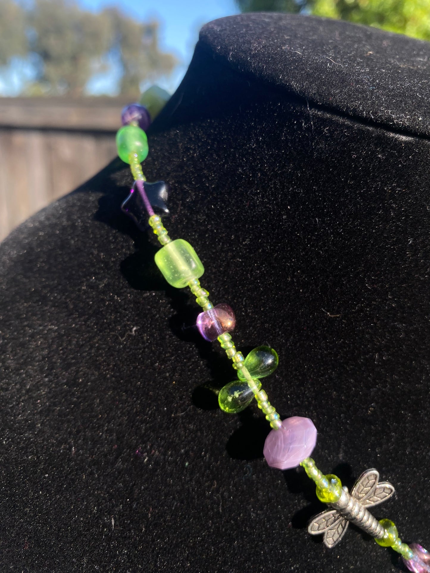 Dragonfly Green Heart & Purple Necklace