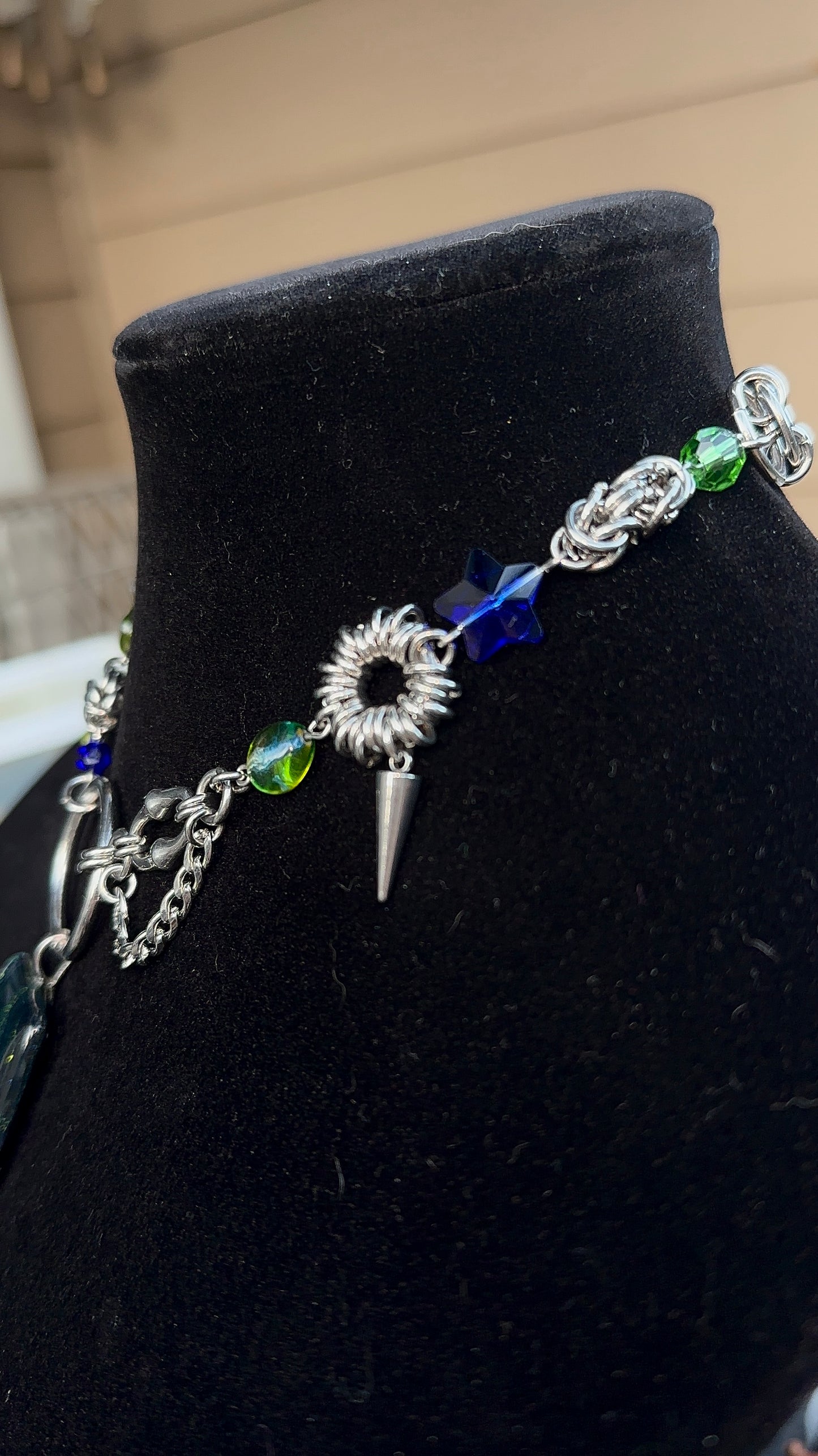Dichroic Glass Green & Blue Stainless Steel Chainmaille Necklace