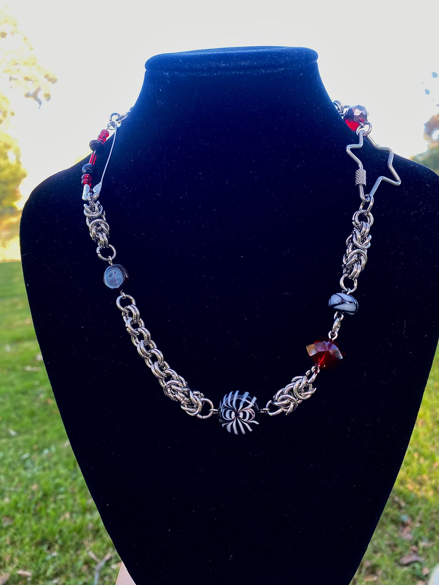 Red & Black Alternative Mushroom Chainmaile Necklace
