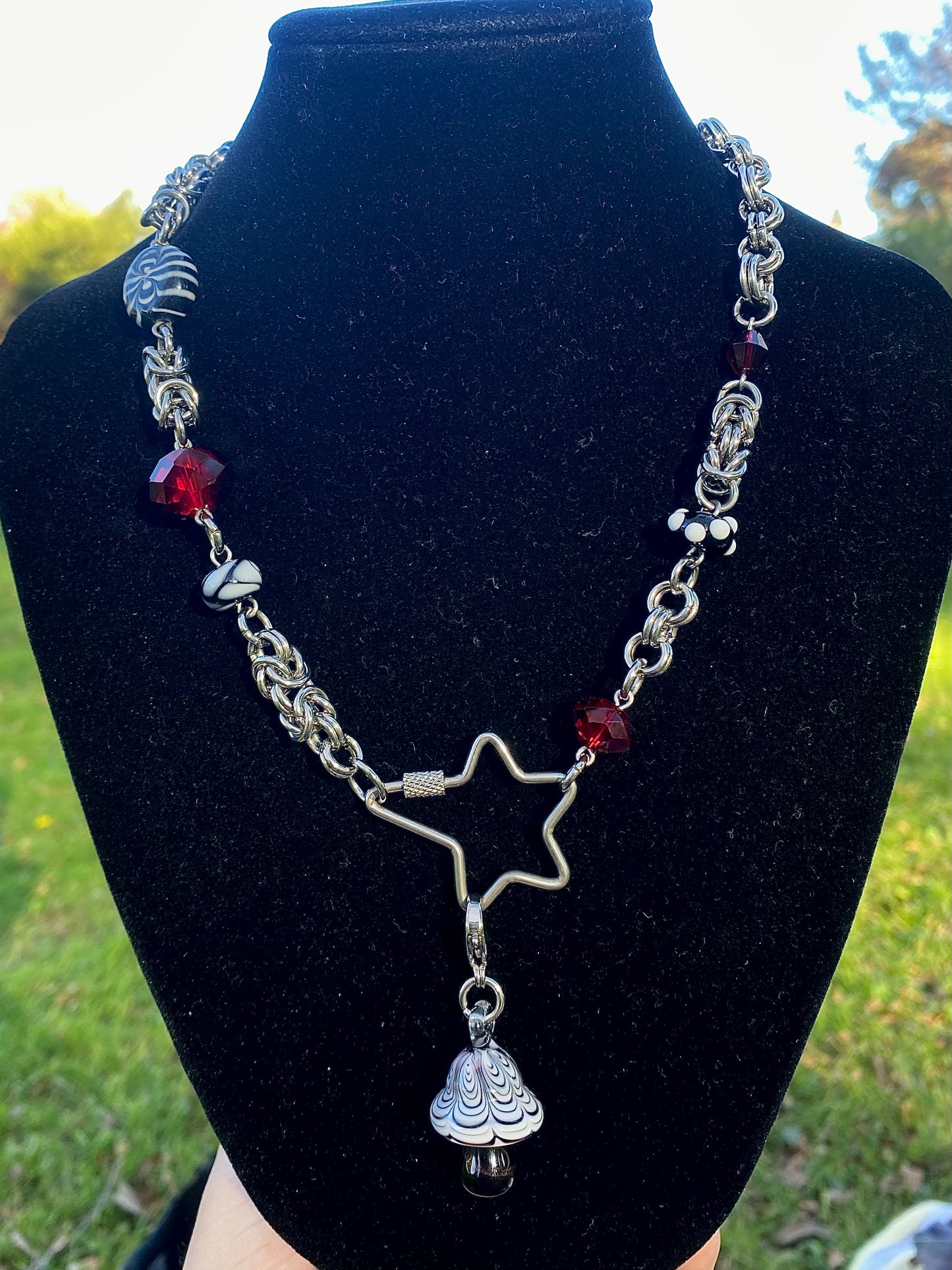 Red & Black Alternative Mushroom Chainmaile Necklace