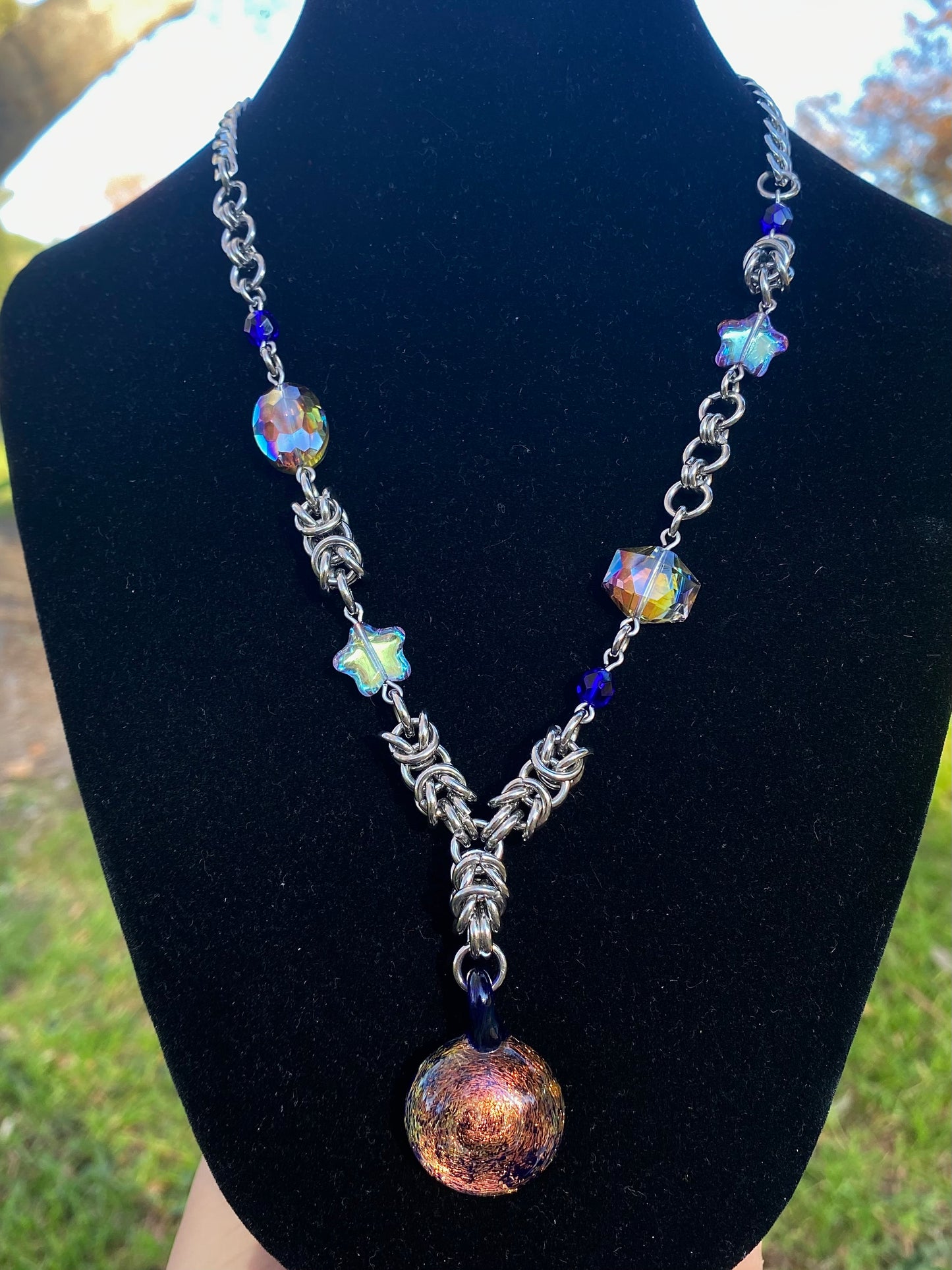 Dichroic Glass & Shiny Stars Alternative Chainmail Necklace