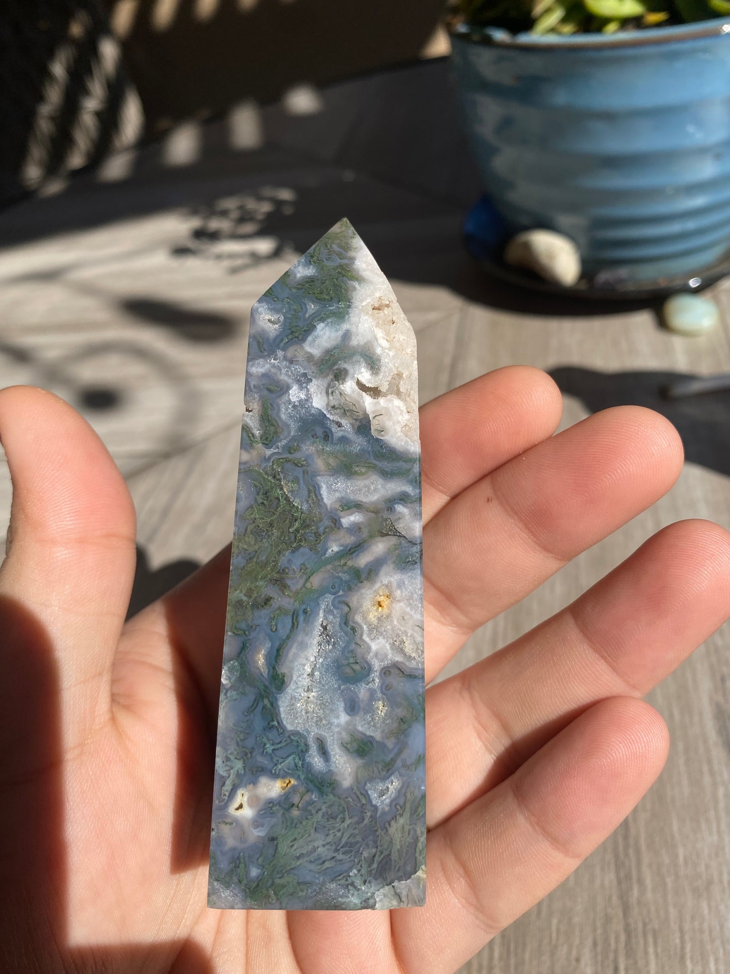 Moss Agate Tower with Druzy