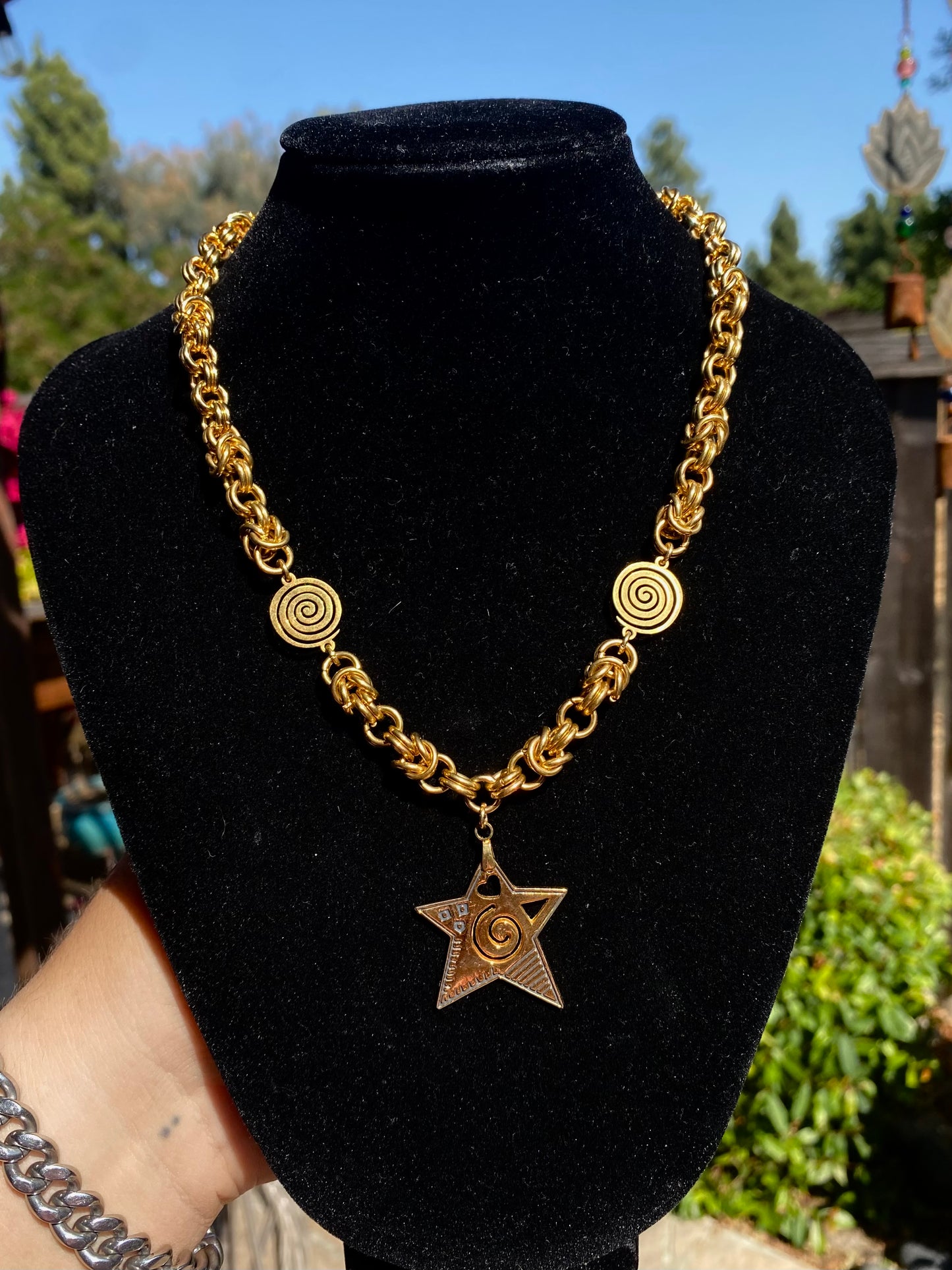 24k Gold Stainless Steel Chainmail Star & Spiral Necklace