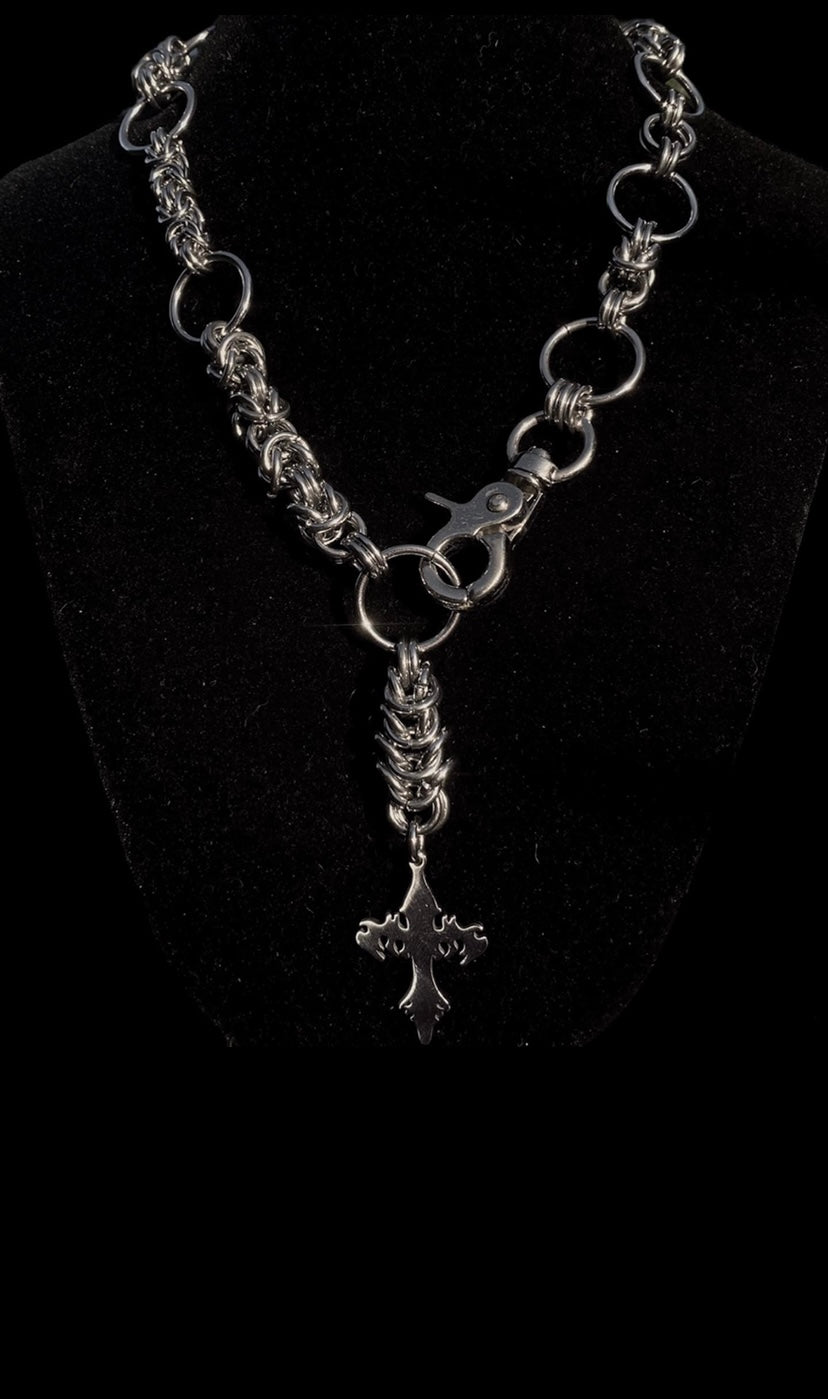 Front Clasp Asymmetrical Cross Chainmail Necklace
