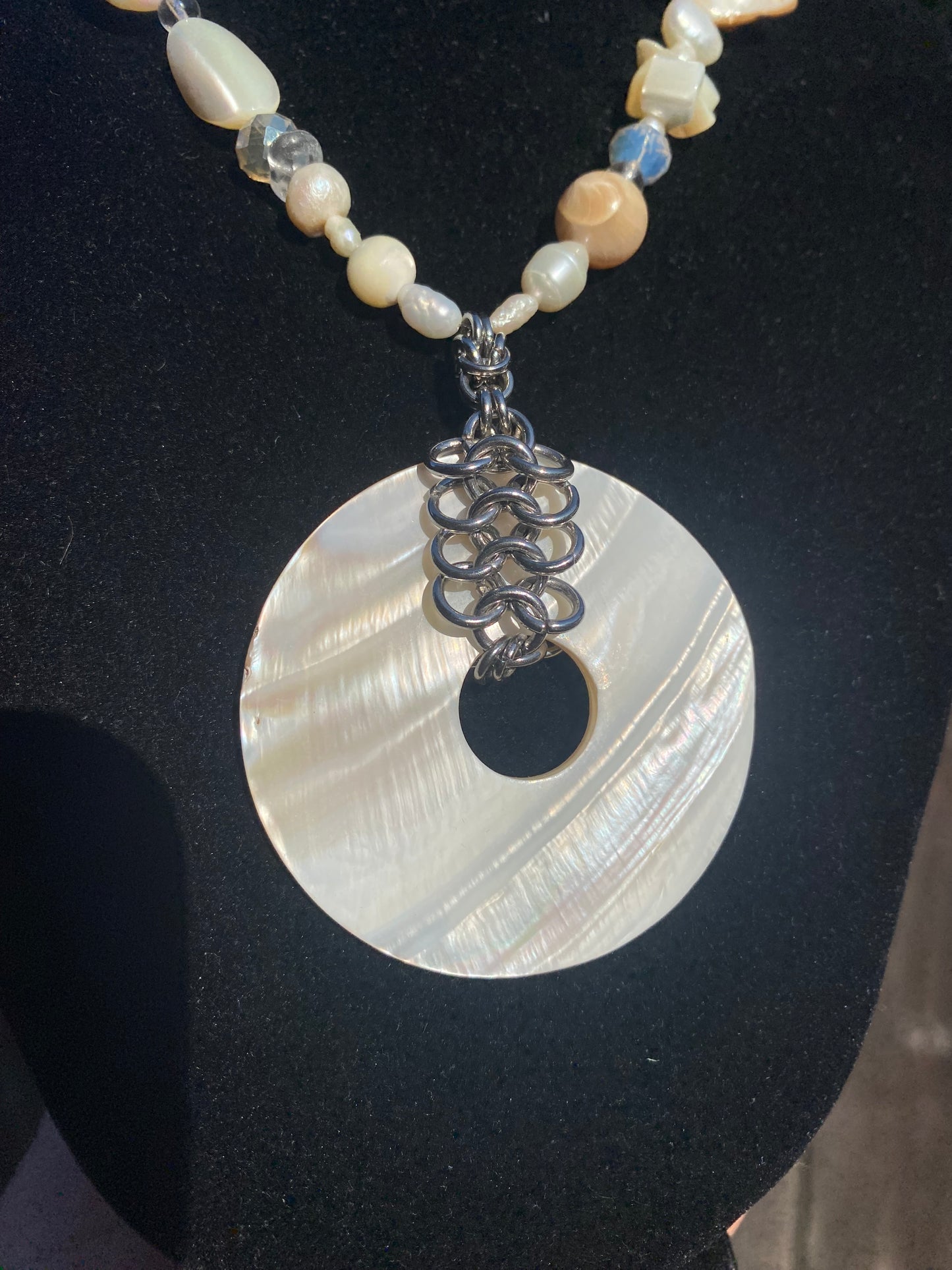 Chainmail Shell Neckalce with Pearls & Clear Quartz