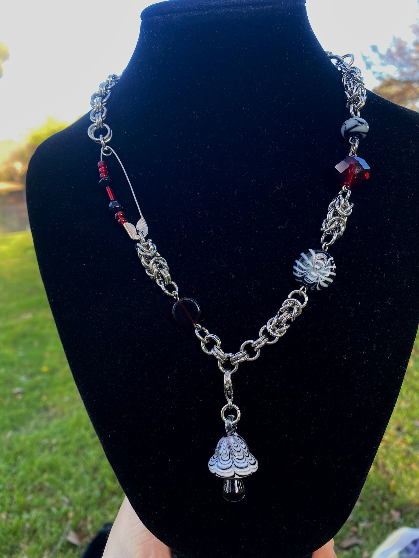 Red & Black Alternative Mushroom Chainmaile Necklace