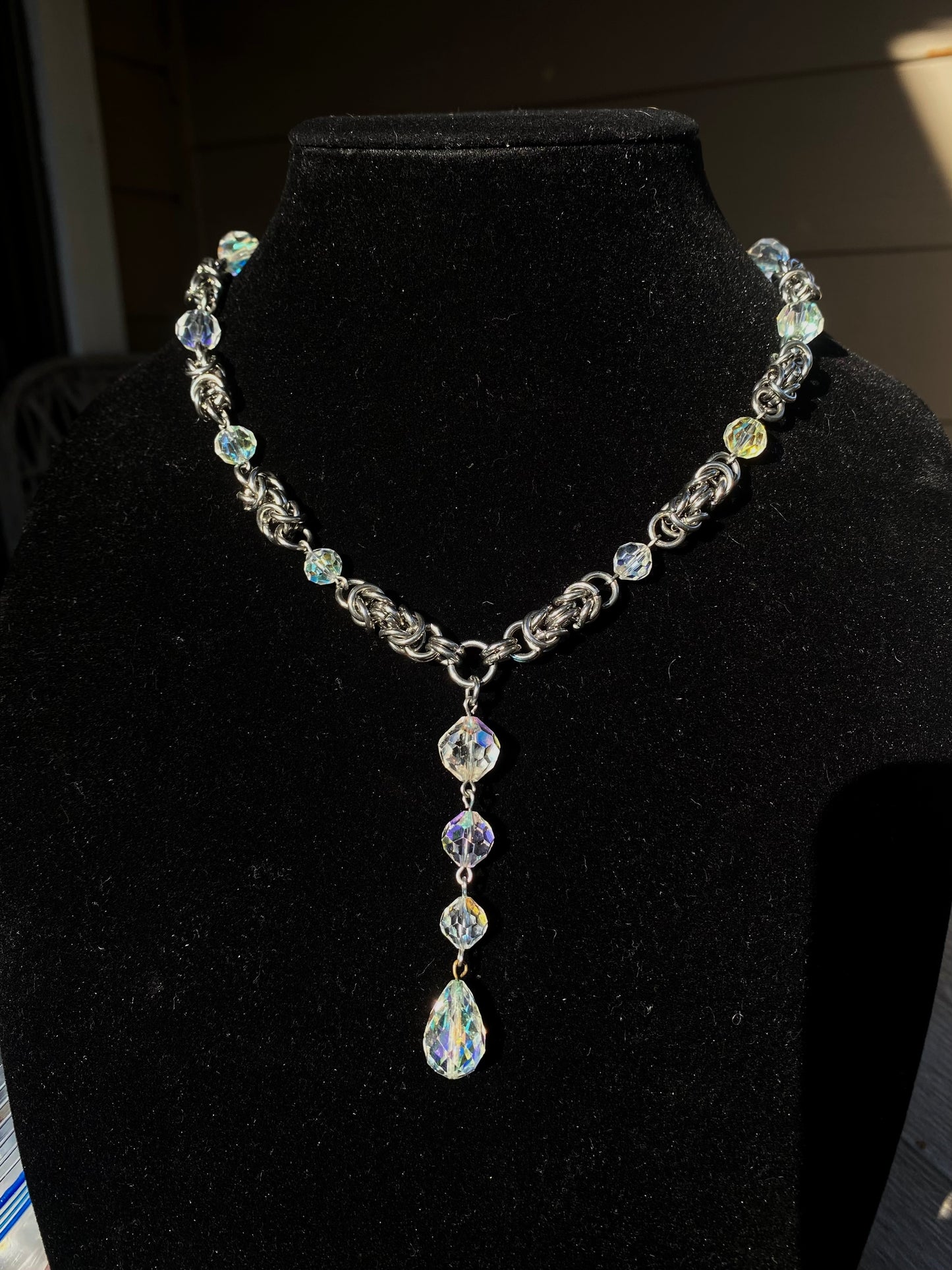 Vintage Glass Chainmaile Drop Necklaceee