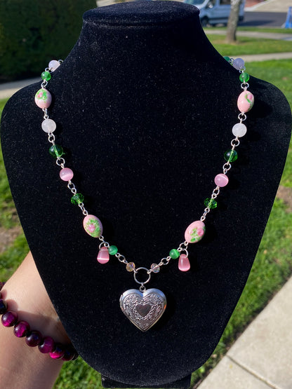 Pink & Green Heart Locket Necklace