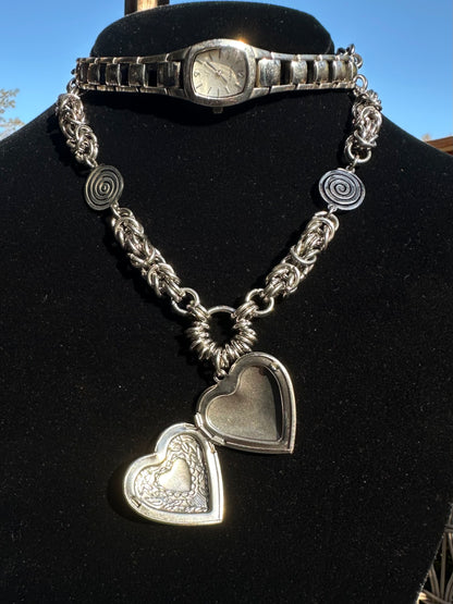 Stainless Steel Chainmaille Watch Choker w/ Spirals and Heart Locket