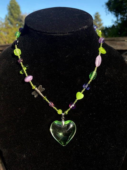 Dragonfly Green Heart & Purple Necklace