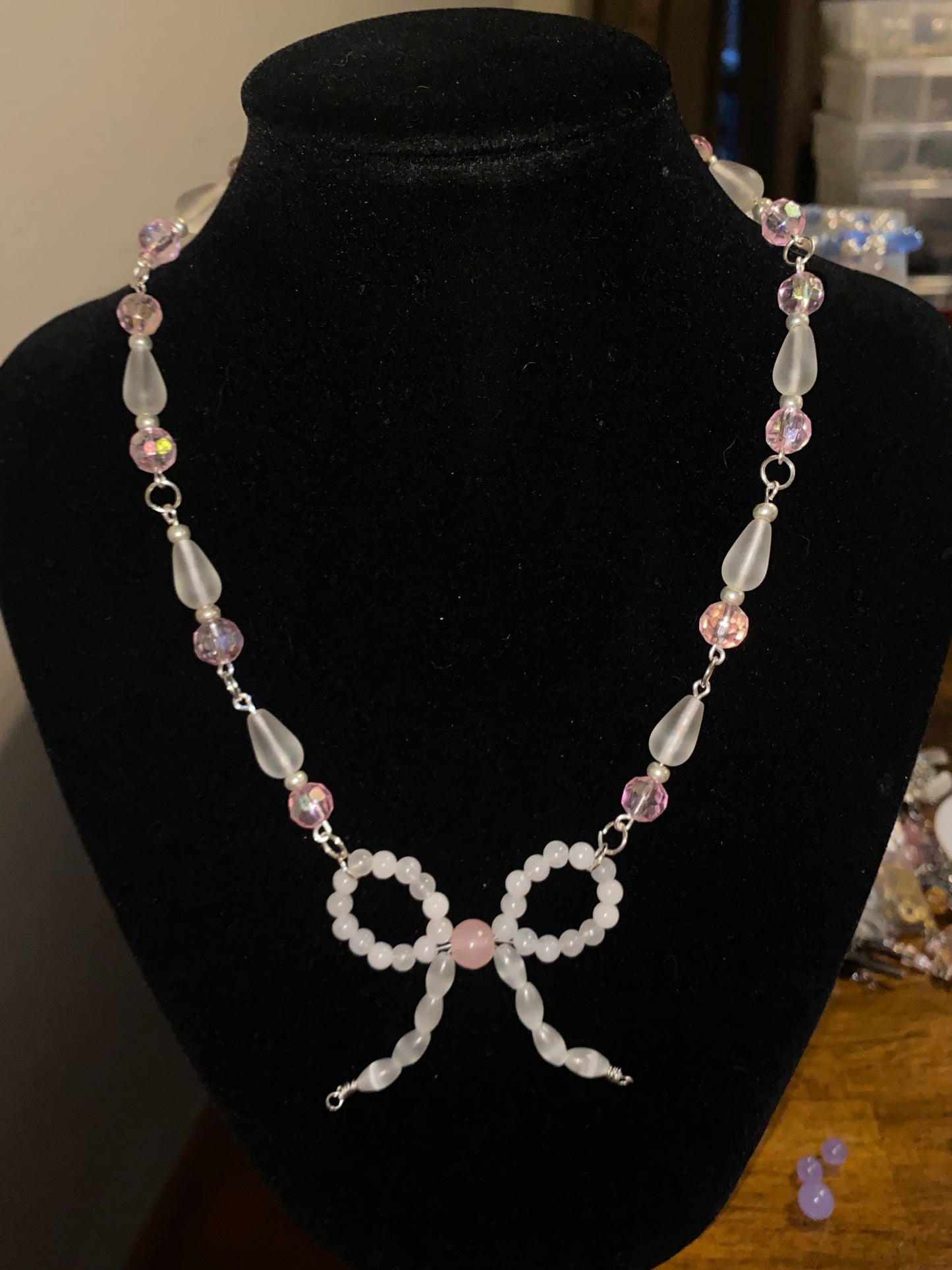 Pink & White Bow Necklace