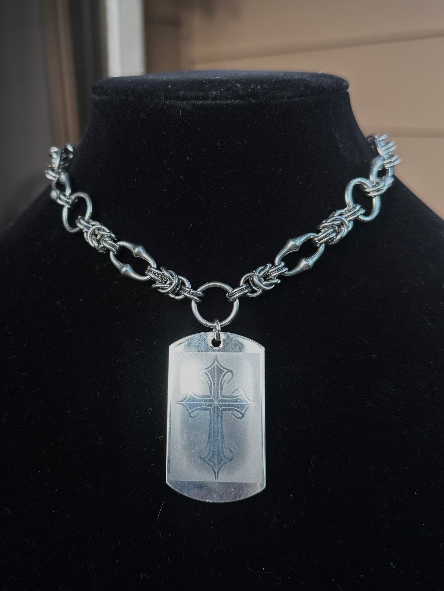 Stainless Steel Chainmail Cross Dog Tag Necklace