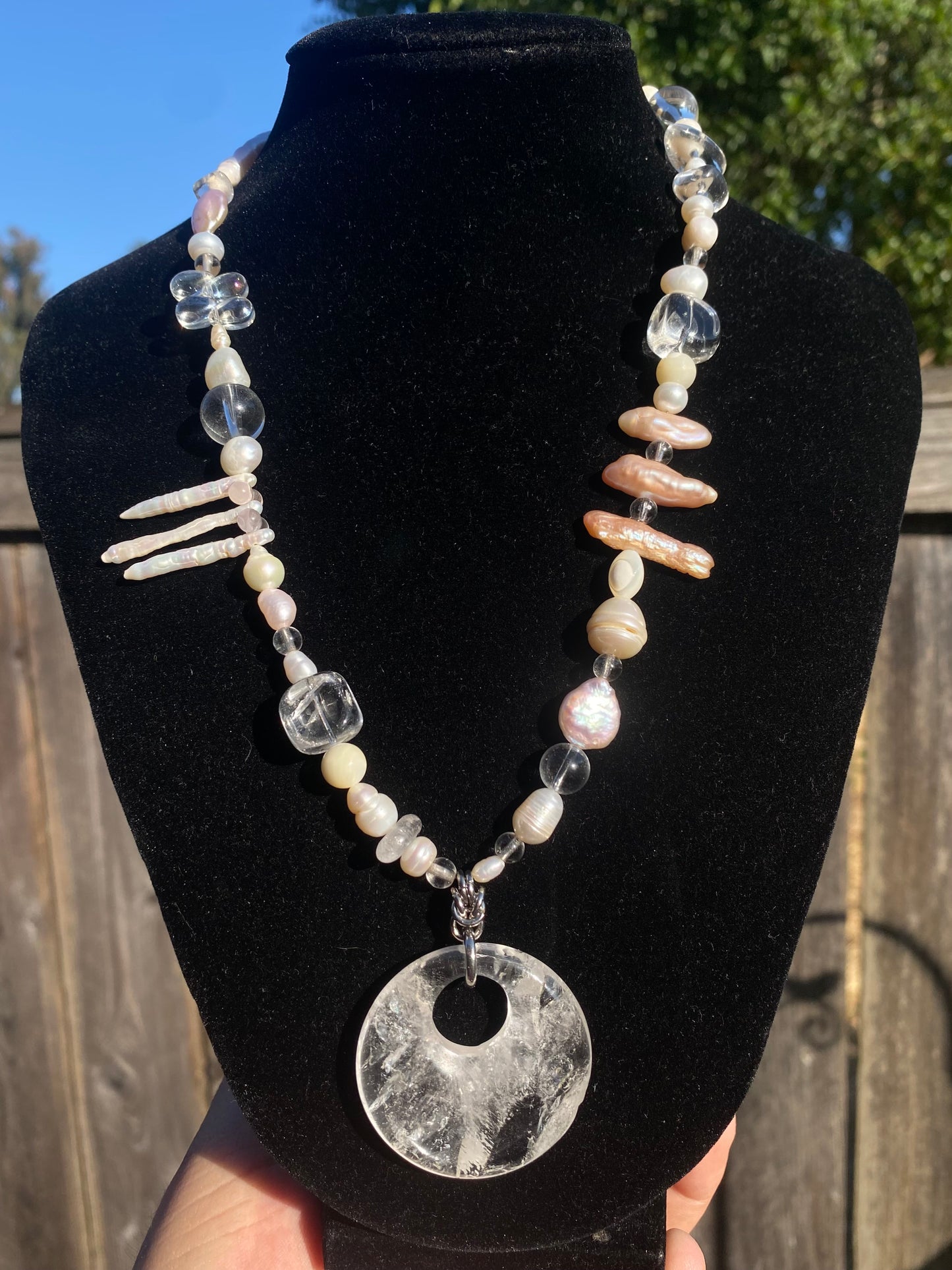 Spiky Pearl with Shell & Clear Quartz Chainmail Necklace