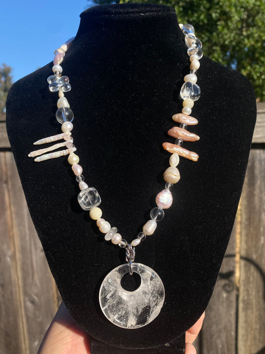 Spiky Pearl with Shell & Clear Quartz Chainmail Necklace
