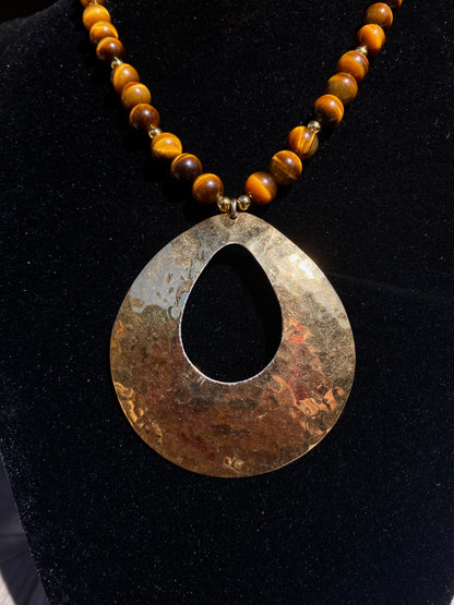 925 Stamped Gold Tear Drop Pendant & Tigers Eye Necklace