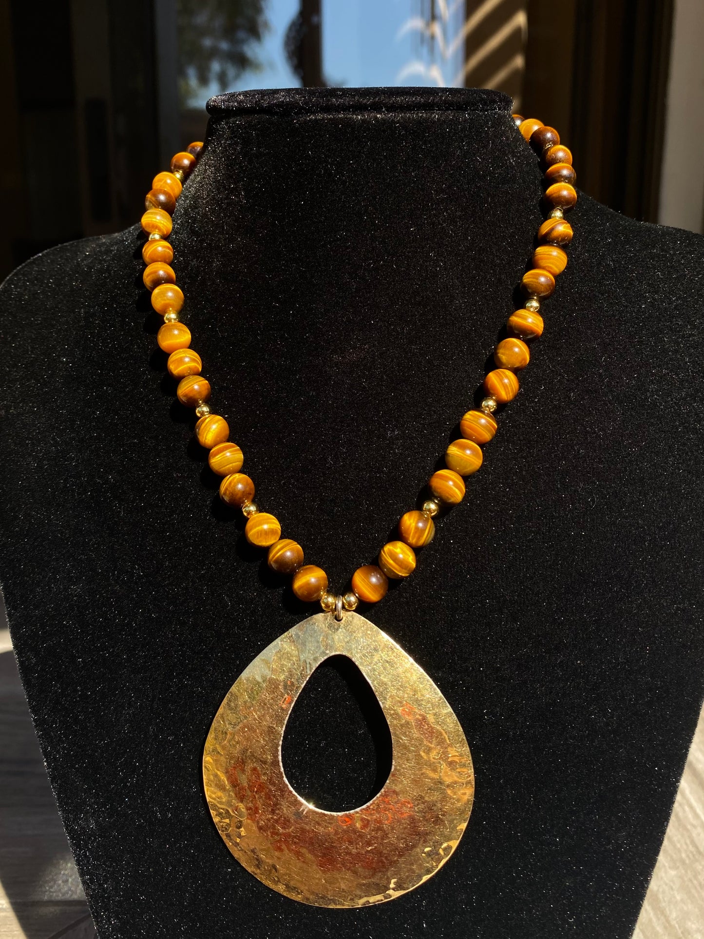 925 Stamped Gold Tear Drop Pendant & Tigers Eye Necklace