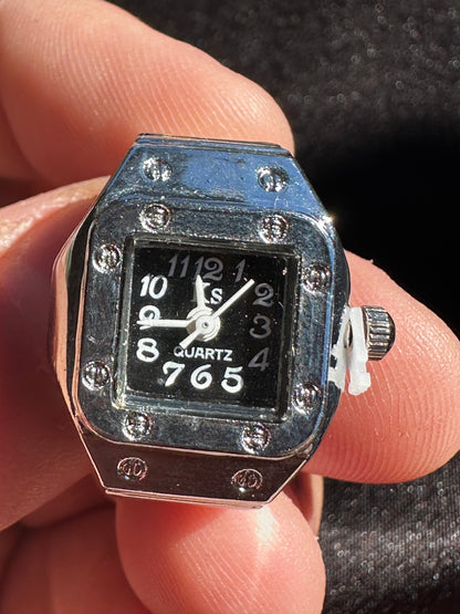 Black Square Silver Ring Watch