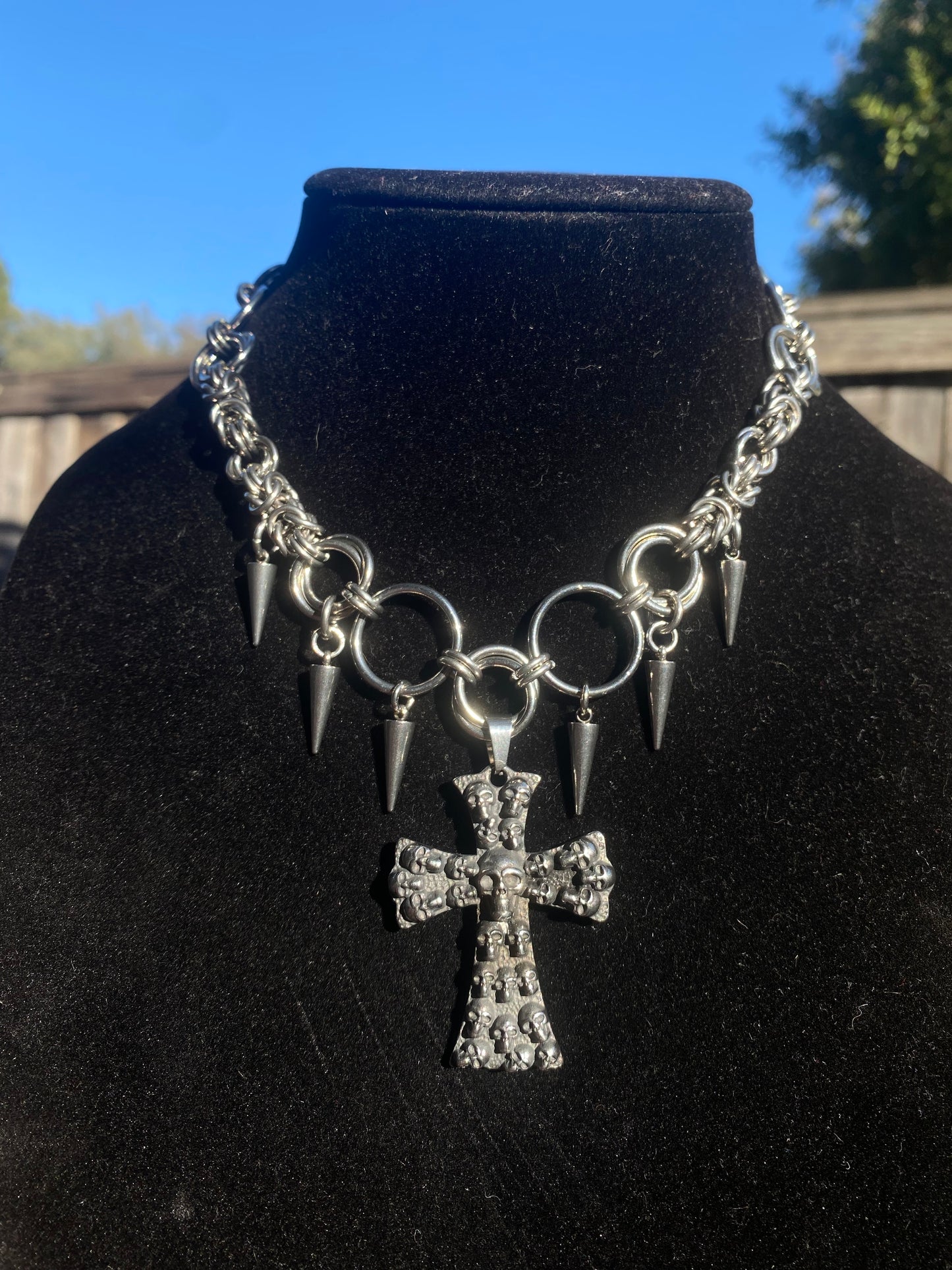 Stainless Steel Chainmail Spike Skull Cross Necklace 