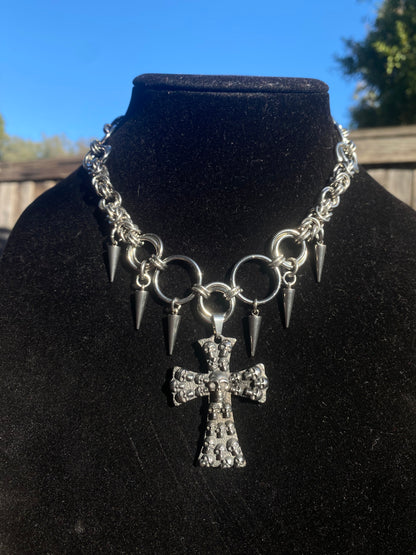 Stainless Steel Chainmail Spike Skull Cross Necklace 