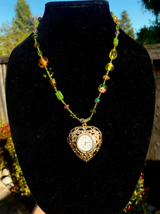 Gold & Green Heart Watch Necklace