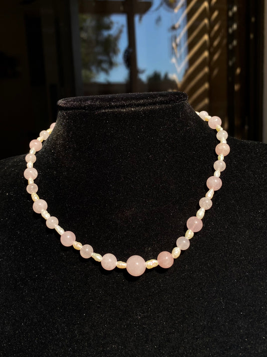 Rose Quartz & Genuine Rice Pearls Choker/Necklace
