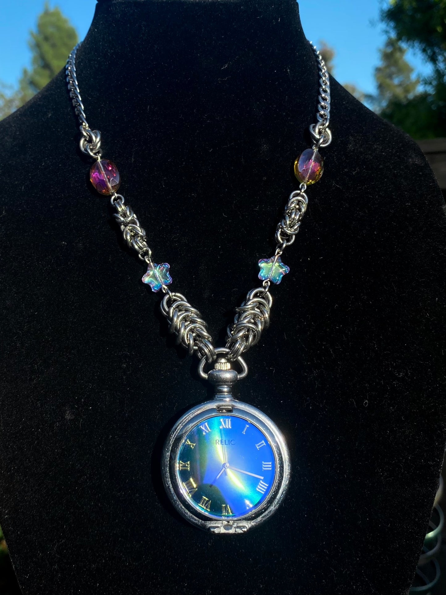 Blue Relic ‘Pocket’ Watch Chainmaile Star Necklace