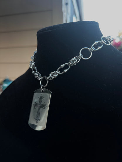 Stainless Steel Chainmail Cross Dog Tag Necklace