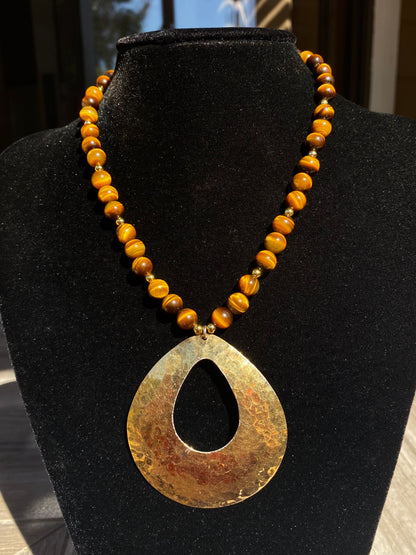 925 Stamped Gold Tear Drop Pendant & Tigers Eye Necklace