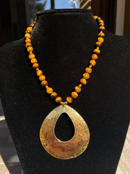 925 Stamped Gold Tear Drop Pendant & Tigers Eye Necklace