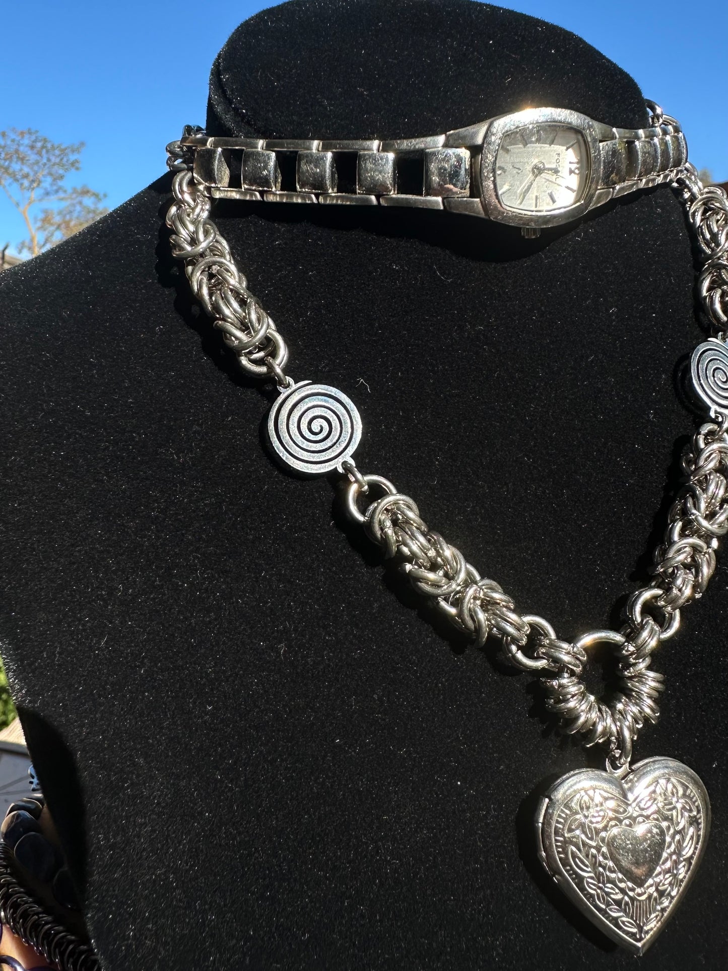 Stainless Steel Chainmaille Watch Choker w/ Spirals and Heart Locket