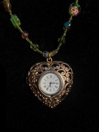 Gold & Green Heart Watch Necklace
