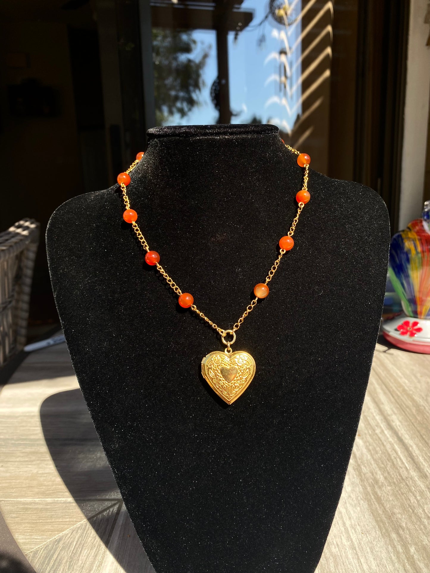 Gold Heart Locket & Carnelian Necklace