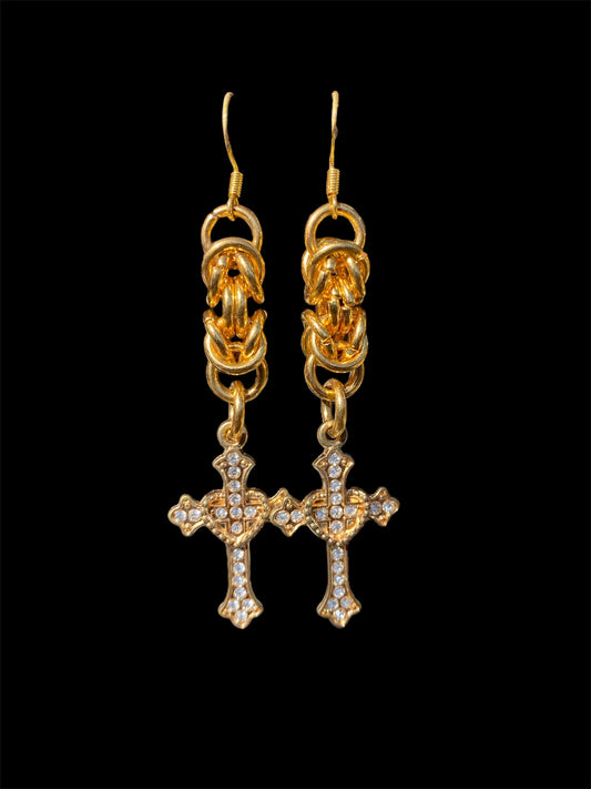 Gold Chainmail Cross Earrings