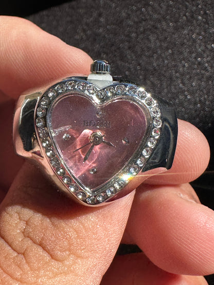Pink Heart Studded Silver Ring Watch