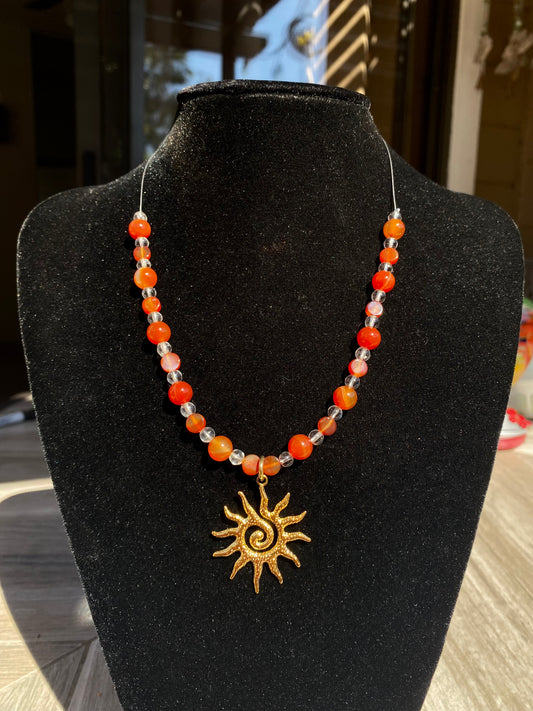 Half Beaded Carnelian & Glass w/ Gold Spiral Sun Necklace