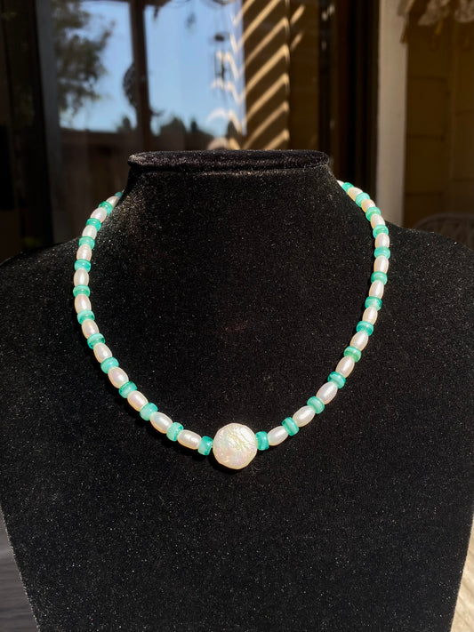 Freshwater Pearl & Blue Glass Choker/Necklace