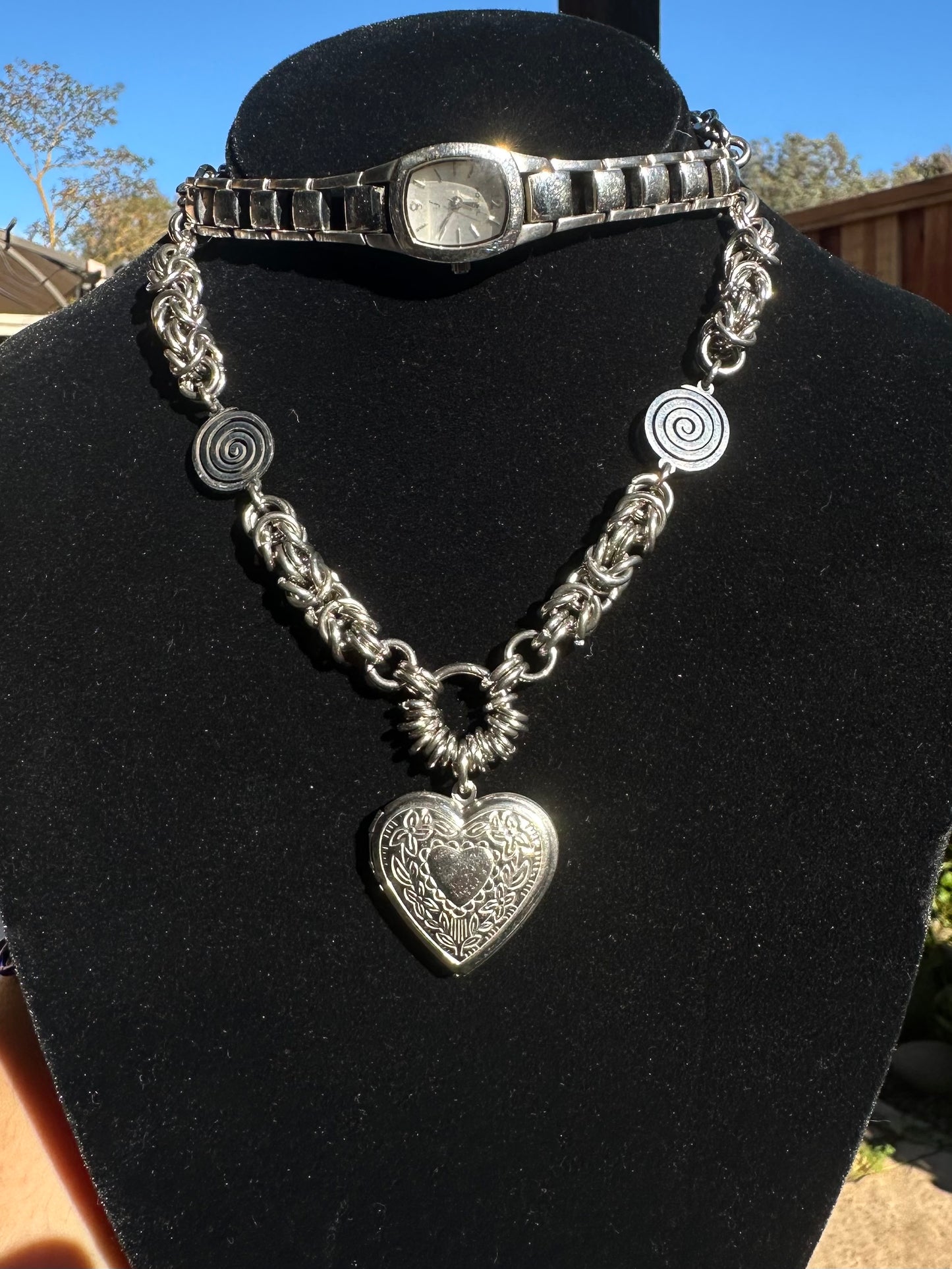 Stainless Steel Chainmaille Watch Choker w/ Spirals and Heart Locket