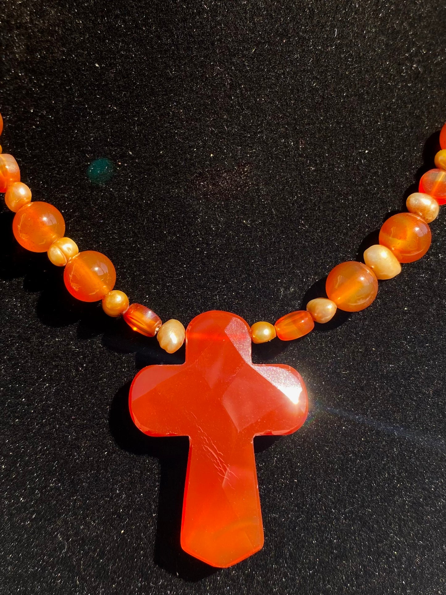 Carnelian Cross & Freshwater Pearl Necklace