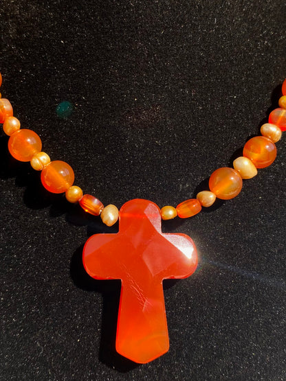 Carnelian Cross & Freshwater Pearl Necklace
