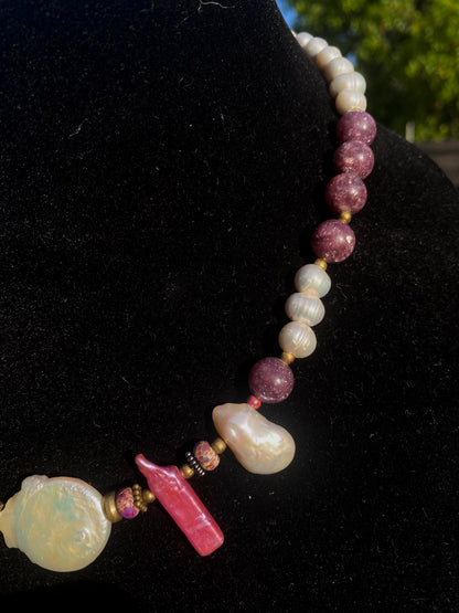 Freshwater Pearl with Maroon Lepidolite & Imperial Jasper