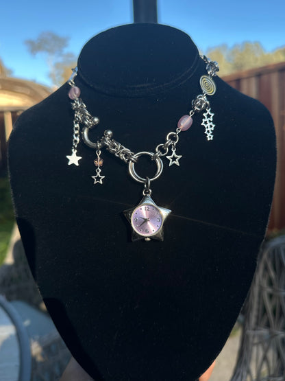 Celestial Pink Watch Star Chainmaile Necklace