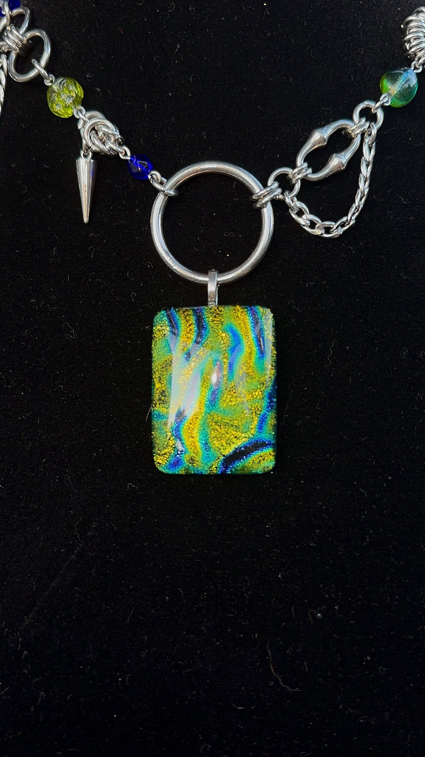 Dichroic Glass Green & Blue Stainless Steel Chainmaille Necklace