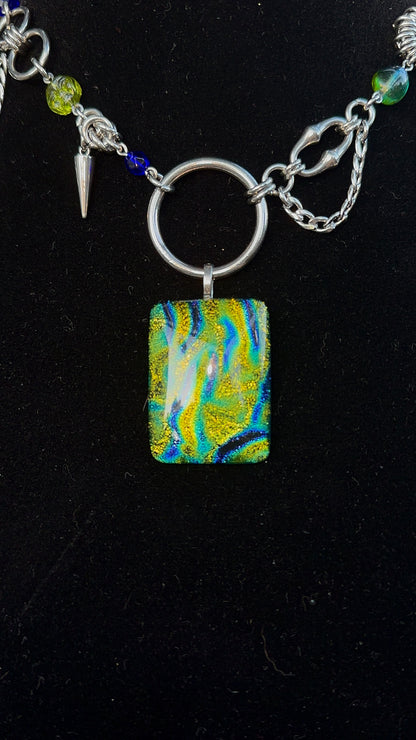 Dichroic Glass Green & Blue Stainless Steel Chainmaille Necklace