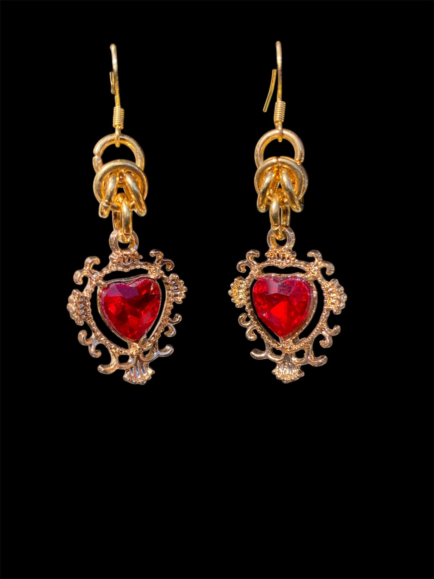 Gold Chainmail Red Heart Earrings