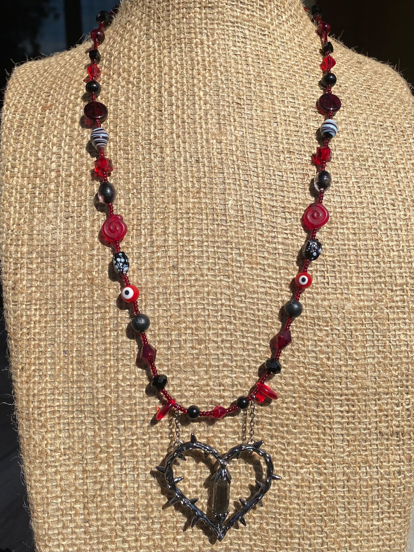 Long Black & Red Spiked Heart Necklace