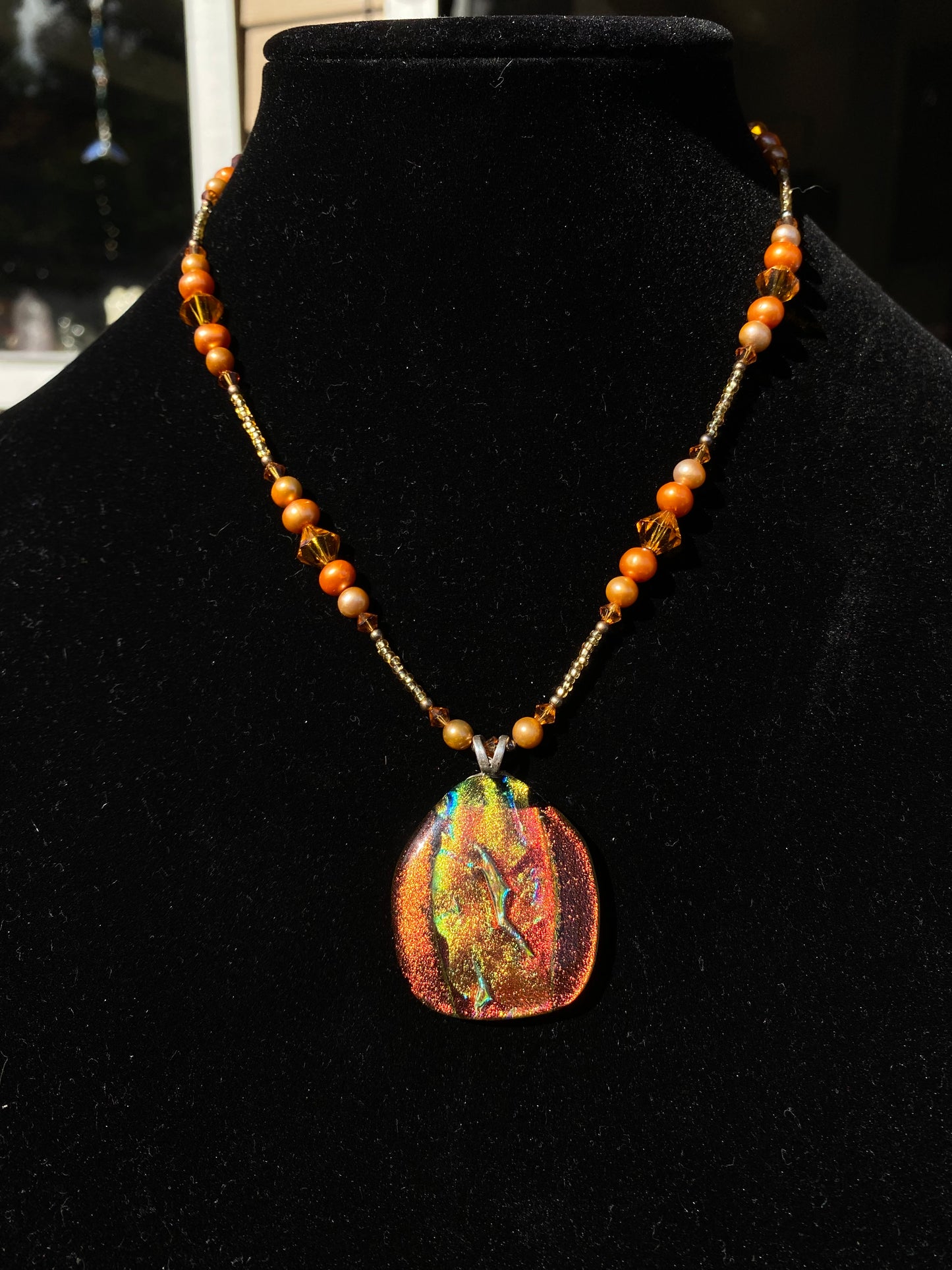 SH Dichroic Glass Fresh Water Pearl Orange Necklace