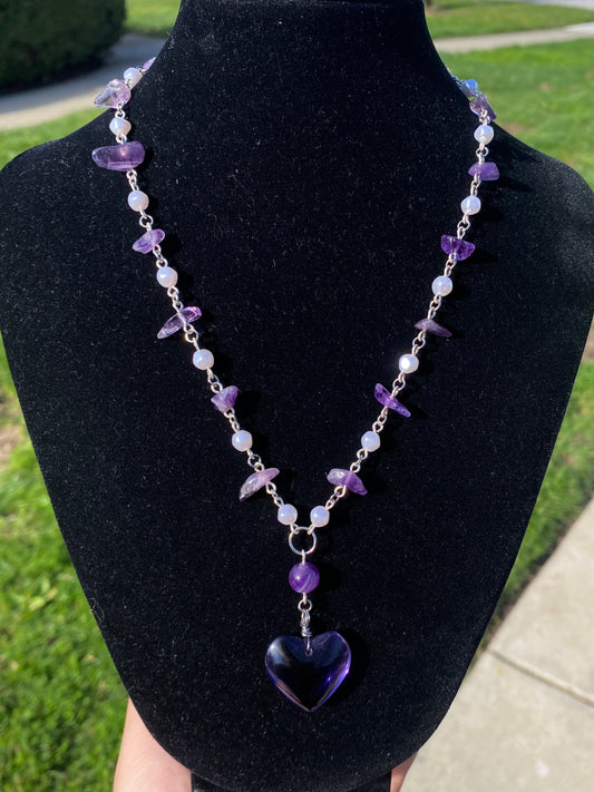 Amethyst & Faux Pearl Heart Necklace