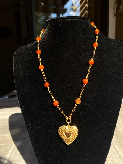 Gold Heart Locket & Carnelian Necklace